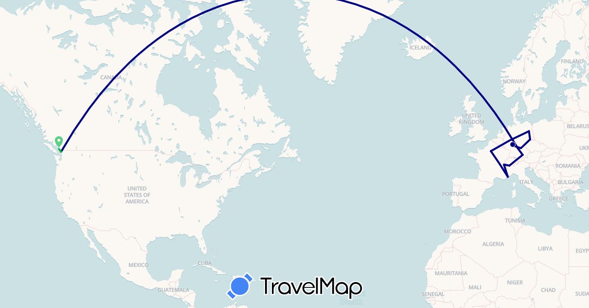 TravelMap itinerary: driving, bus in Canada, Switzerland, Germany, France, United States (Europe, North America)